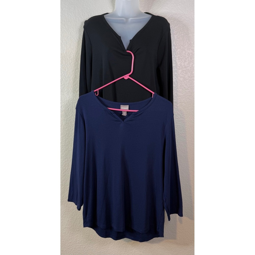 Chicos 2 US Large Long Sleeve Tops Black Navy Blue Split V Neck Cotton Set Of 2